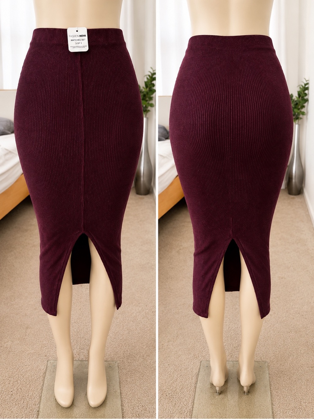 Fashion Nova Wine Ribbed Midi Pencil Skirt